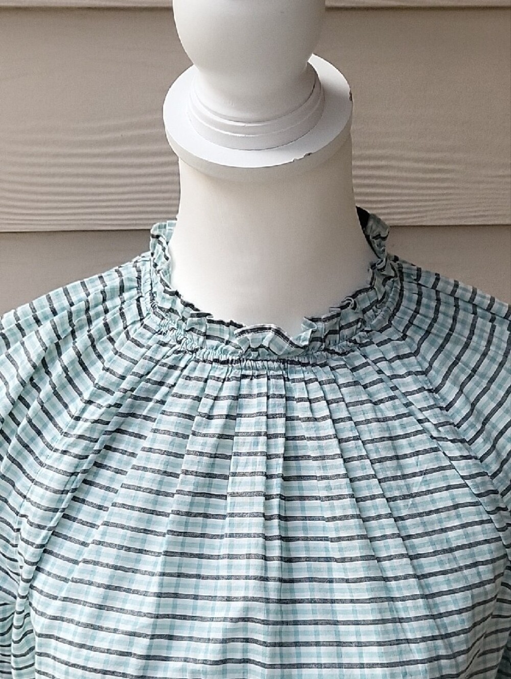 J.Crew Blue Plaid Smocked Neck Ruffle Blouse Size Small Cotton Long Sleeve Top - Picture 2 of 14